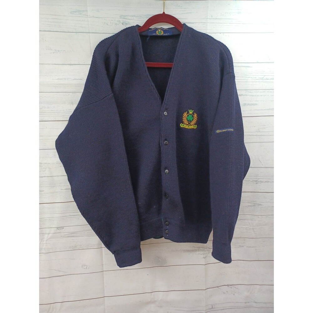 Vtg Blarney Castle Designs Mens Button Up Blue Sweater Cardigan Sz L Pure Wool